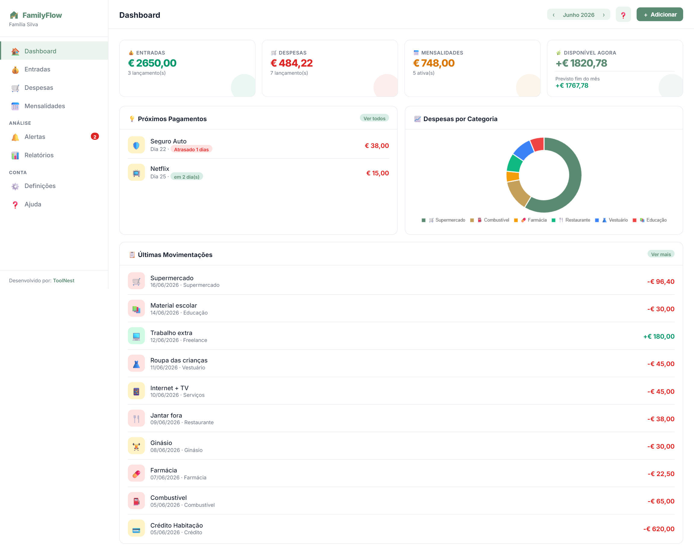 Dashboard do FamilyFlow com receitas, despesas e próximos pagamentos