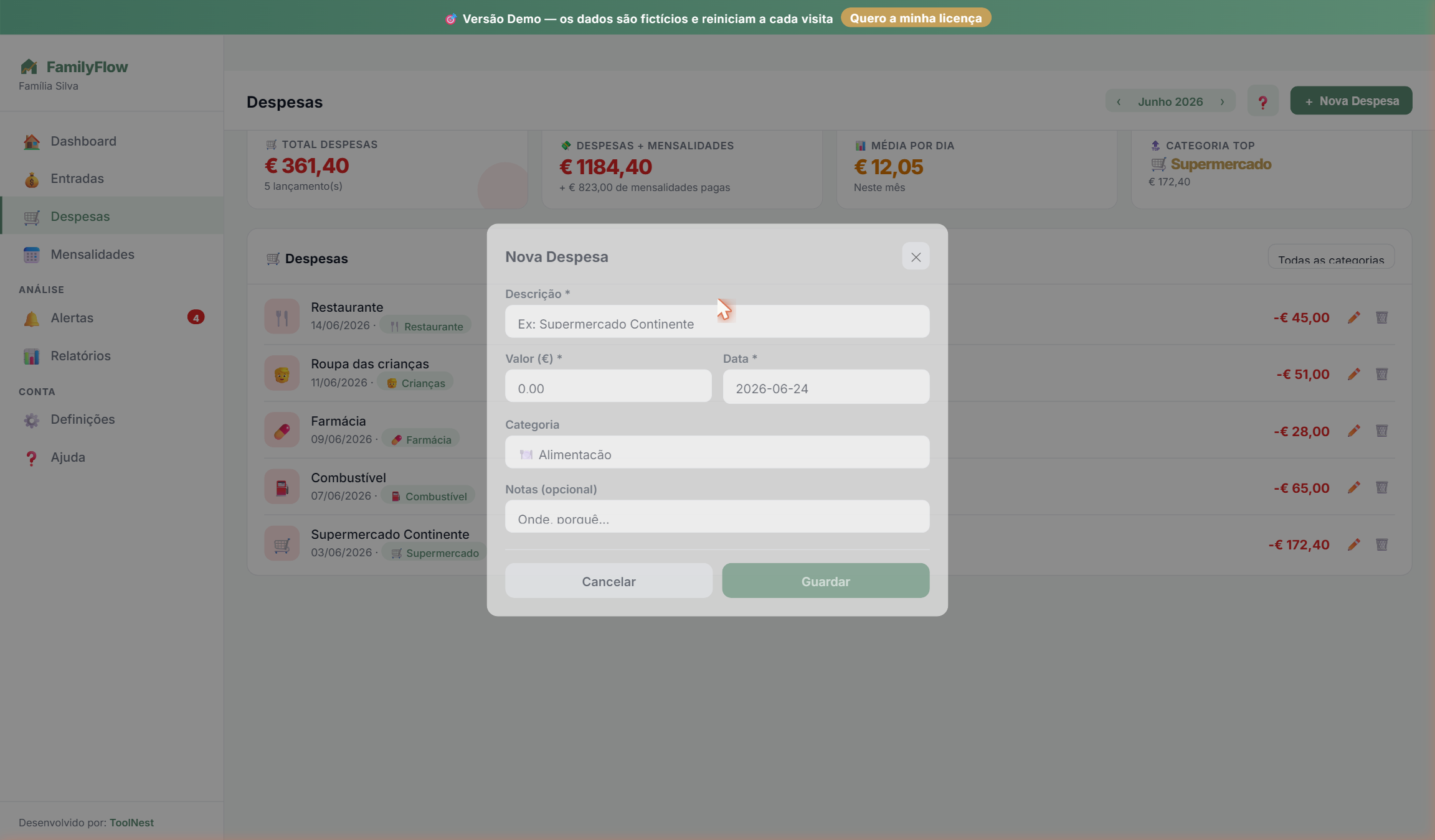 Ecrã de despesas do FamilyFlow com nova despesa a adicionar